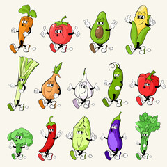 cartoon character of vegetables, with different emotion, cartoon vegetables collection, carrot, tomato, avocado, corn...