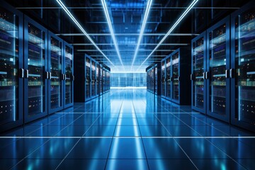 Fototapeta premium Futuristic server room with blue lighting and high-tech equipment