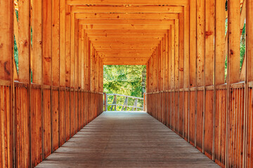 Wooden construction of timber bridge and tunnel with green wooded landscape at the exit