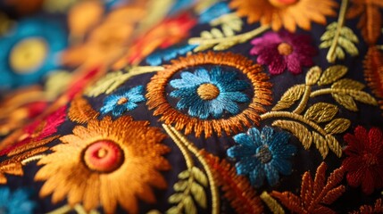 Textured embroidery in vivid colors close-up detail