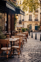 Empty cafe terrace on Parisian cobblestone street