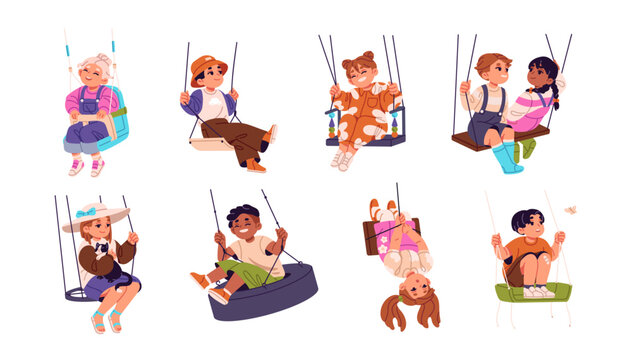 Children Sitting On Rope Swings Set. Happy Kids Play On Playground. Child Funs On Hanged Tire. Cute Girls, Boys Enjoy Outdoor On Summer Holidays. Flat Isolated Vector Illustration No White Background