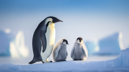 Emperor penguin family on snowy terrain in antarctica