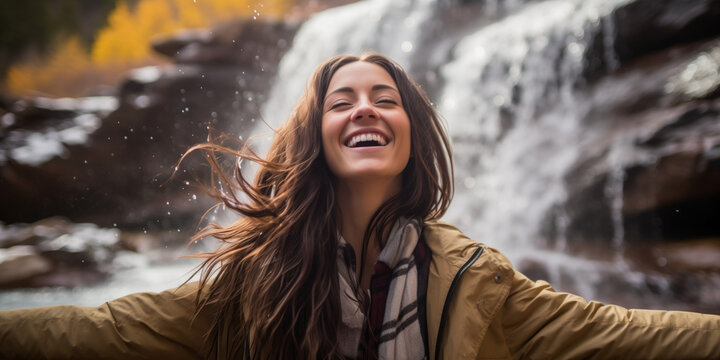 Exuberant woman with open arms embracing life by a waterfall
