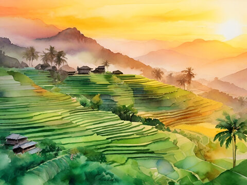 Beautiful terraces rice fields watercolor painting background