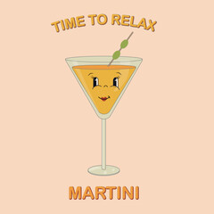 Alcoholic cocktails in retro 70s style with a groovy atmosphere. Cartoon retro glass with alcoholic cocktail. A great drink with olives and character. Martini. Vector illustration.