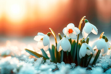 Soft-focus image of snowdrop flowers emerging from snow, with a warm light in the background. Spring comming