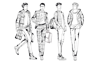 Vector Fashion man set. Sketch of a fashion man in a jacket on a white background. Autumn man. Street style - 745659378