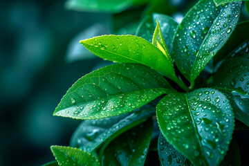 Close-up abstract of tea leaves with water droplets on them, in shades of green. - obrazy, fototapety, plakaty