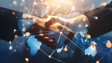 Fotobehang business man handshake with effect global world map network link connection and graph chart of stock market graphic diagram, digital technology, internet communication, teamwork, partnership concept © Lucky Ai
