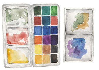 Art tools hand drawn watercolor painting icons set. Artistic palette with watercolours illustration. Creative person equipment's clipart