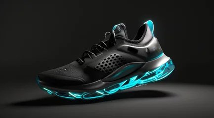 Foto op Plexiglas Sneakers, design or sport shoes on a black backdrop for gym workout, fitness and running. Modern design, futuristic and shoe technology for tracking heart rate, pulse and advertisement mockup © ChanelBot/Peopleimages - AI