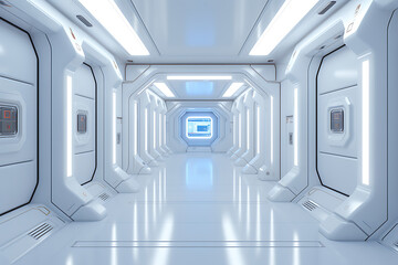 Naklejka premium Futuristic spaceship interior with white walls and windows 3d rendering