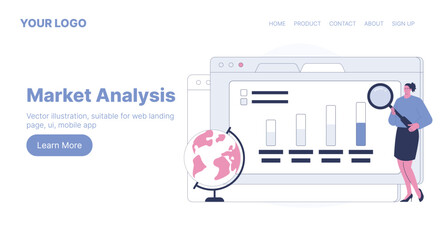 Market Analysis. Web Landing Page Design. Flat Cartoon Vector Illustration. Vector illustration, suitable for web landing page, ui, mobile app
