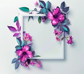 an empty white frame with pink and purple flowers and green leaves