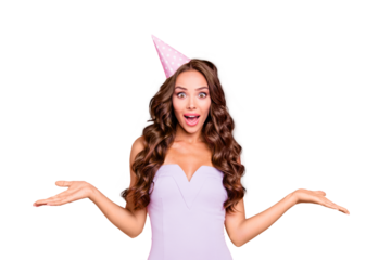 Where is the present? Close up portrait of style, stylish, trendy, trend, luxury lady person isolated on shine pink background hold invisible object on hands palm up, wide open eyes and mouth