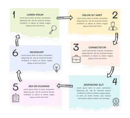 Infographic template with six paper notes connected with hand drawn arrows, circle diagram, vector eps10 illustration