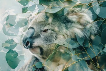 A close-up of a koala blended with the texture of eucalyptus leaves in a double exposure