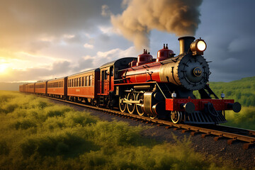 Fototapeta premium Steam locomotive in the countryside at sunset.
