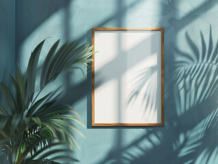 wooden picture frame hanging on blue wall with Palm leaves, mockup 