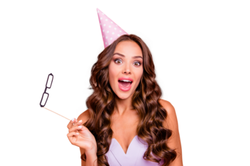 Close up portrait of beautiful, attractive, elegant, fancy, funky, comedian lady pretty brunette with fake paper glasses on stick make big eyes, wide open mouth isolated on shine pink background