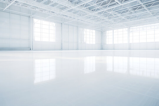 3d render of empty white room with light and reflections on floor