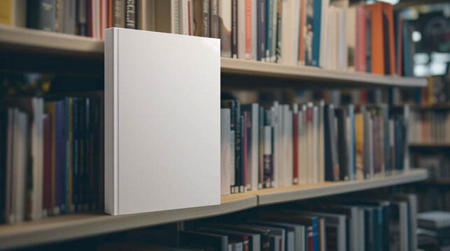 Bookshelf and Empty White Book with Blank Cover. Book presentation template.