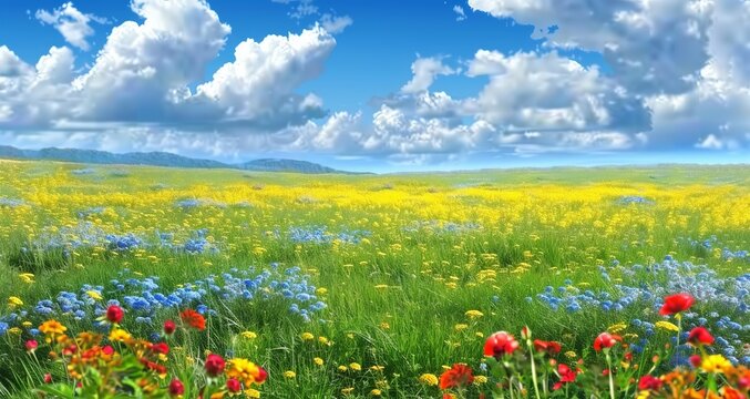 Spring Symphony - A Meadow of Red Poppies and Yellow Rapeseed Bathed in Sunshine, Nature's Vibrant Overture. Made with Generative AI Technology