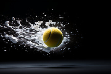 Tennis ball flying in the air on a black background with splashes