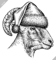 Vintage engraving isolated lamb set dressed christmas illustration ram ink santa costume sketch. Farm animal sheep background mutton silhouette new year hat art. Hand drawn vector image