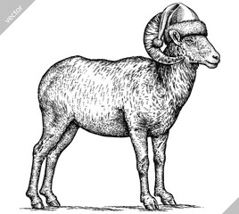 Vintage engraving isolated lamb set dressed christmas illustration ram ink santa costume sketch. Farm animal sheep background mutton silhouette new year hat art. Hand drawn vector image