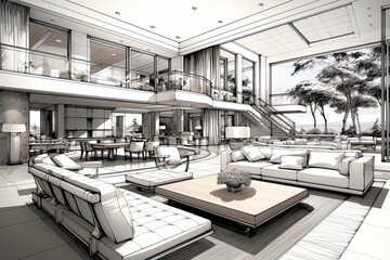 Interior design of a luxury living room. Sketch drawing, blueprint design. Ai Generative