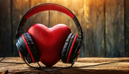 Closeup of a red heart with black and red headphones listens to music on a wooden background with...