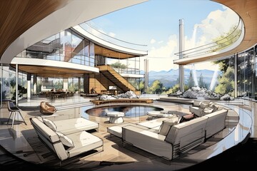 Fototapeta premium Interior design of a luxury living room. Sketch drawing, blueprint design. Ai Generative