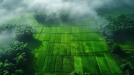 Papier Peint photo Vert An aerial shot captures the stunning and intricate patterns of verdant rice terraces carved into the landscape, surrounded by tropical foliage.