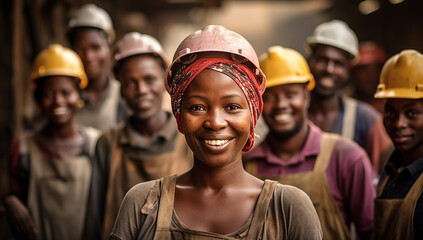 A group of happy smiling black african construction workers in hard hats stand for a picture. working outside. construction workers and engineers with safety helmets at a construction.