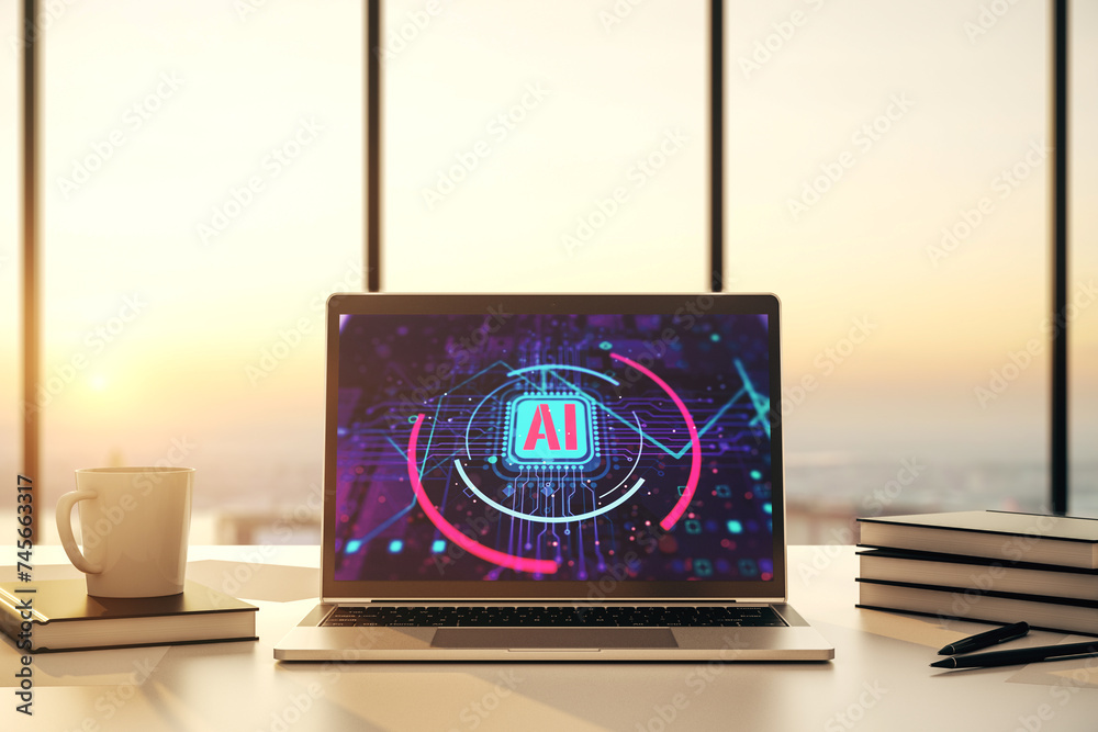 Poster Computer monitor with creative artificial Intelligence abbreviation. Future technology and AI concept. 3D Rendering