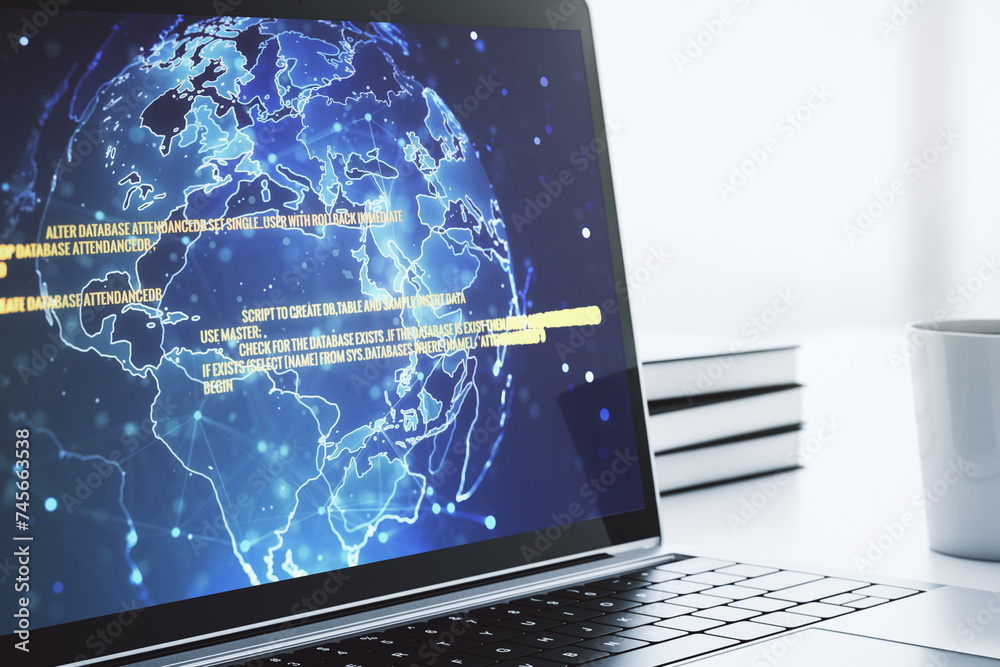 Fototapete modern computer screen with abstract creative coding sketch and world map, artificial intelligence a