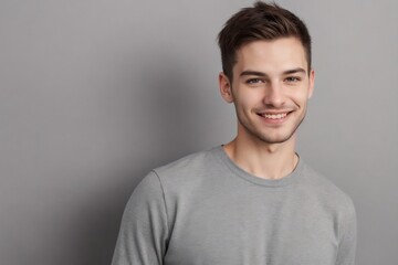 Obraz premium Attractive man in casual clothes, smiling and looking at the camera, isolated on a grey background with copy space.