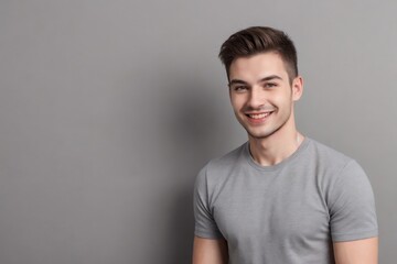 Obraz premium Attractive man in casual clothes, smiling and looking at the camera, isolated on a grey background with copy space.