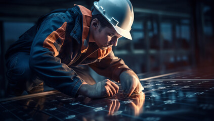 Worker employee from a solar company is working on a solar installation. Energy saving global warming. Co2. Sustainability - obrazy, fototapety, plakaty