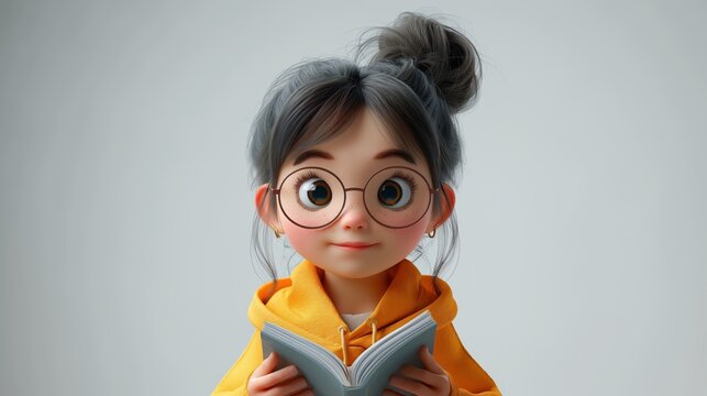 3d character little girl holding a book. Generative AI