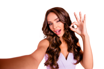 Self-portrait of nice adorable attractive cute gorgeous positive gentle magnificent tender flirty wavy-haired girl showing ok-sign, isolated over pink background