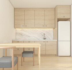 Modern style kitchen room with wood minimalist built-in cabinet and wood dining table.3d rendering