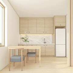 Modern style kitchen room with wood minimalist built-in cabinet and wood dining table.3d rendering