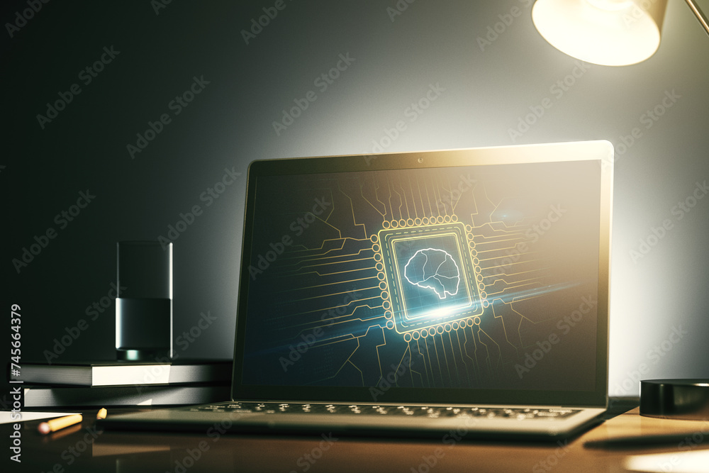 Aufkleber creative artificial intelligence concept with human brain sketch on modern laptop monitor. 3d render