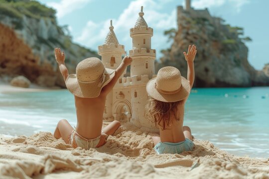 Happy children making sand castle at tropical beach. Vacation and summer concept.