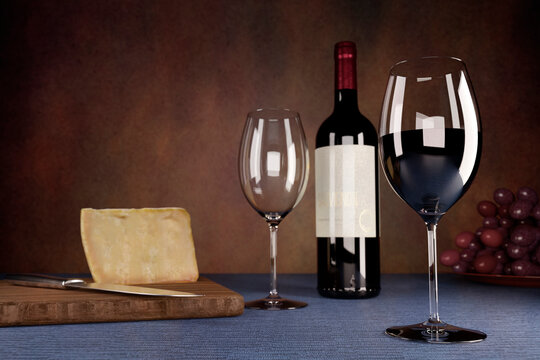 3D render of cheese board, wineglasses and bottle of red wine
