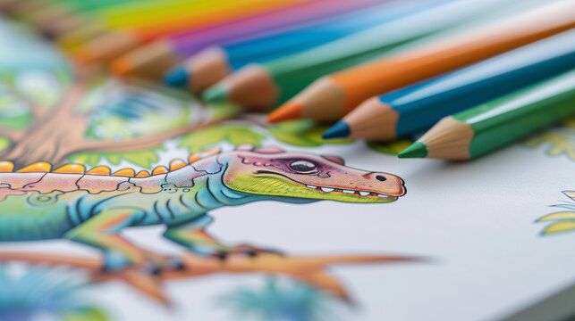 Coloring Book with Colored Pencils Dinosaur Drawing. Top view. Suitable for education, kindergarten, preschool, learn and play projects.
