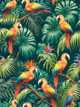 Seamless pattern with parrots and tropical leaves. Vector illustration.
